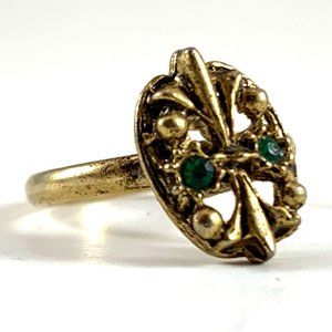 Vintage Adjustable Ring Original Gold Brass Color Green Stone